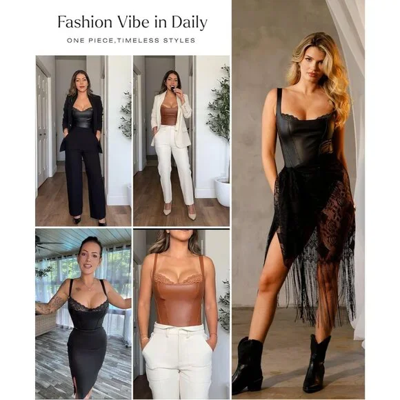 Women's Brown Tummy Control Corset Tops Thong Faux Leather Shapewear Bodysuit - Picture 2 of 6